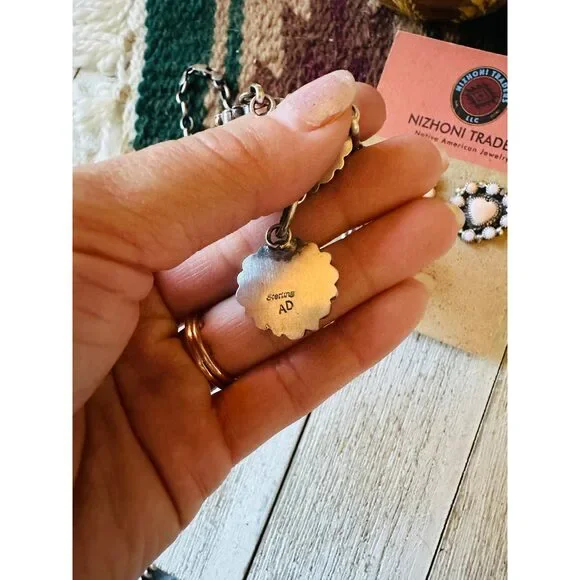 Navajo Queen Pink Conch & Sterling Silver Heart Necklace Set